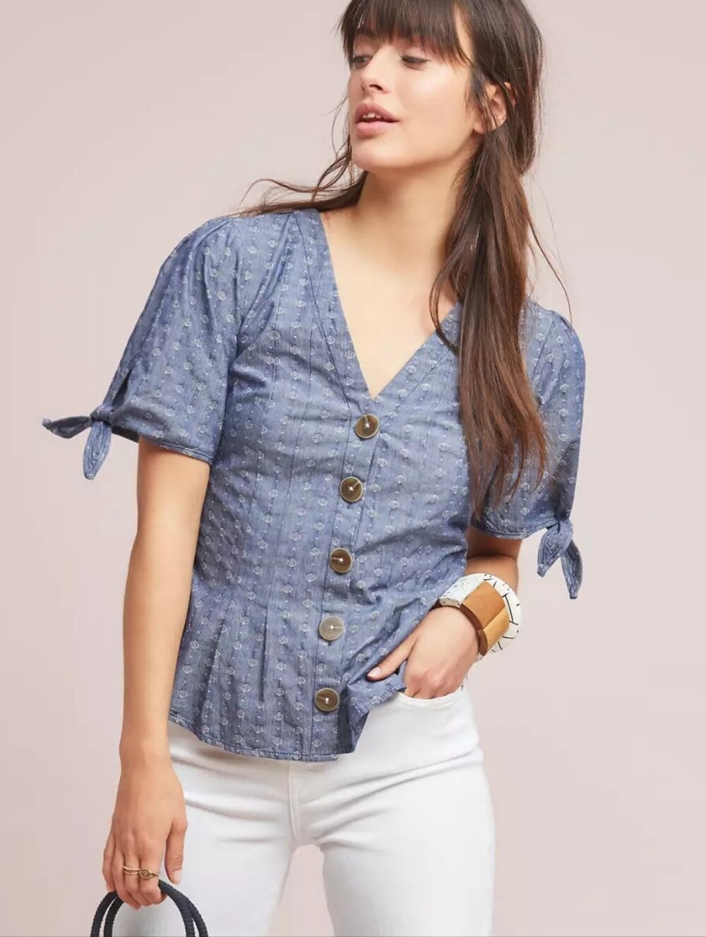 Anthropologie Pilcro Chambray Button Front Blouse | US 6 | Tie Sleeve Cotton Top